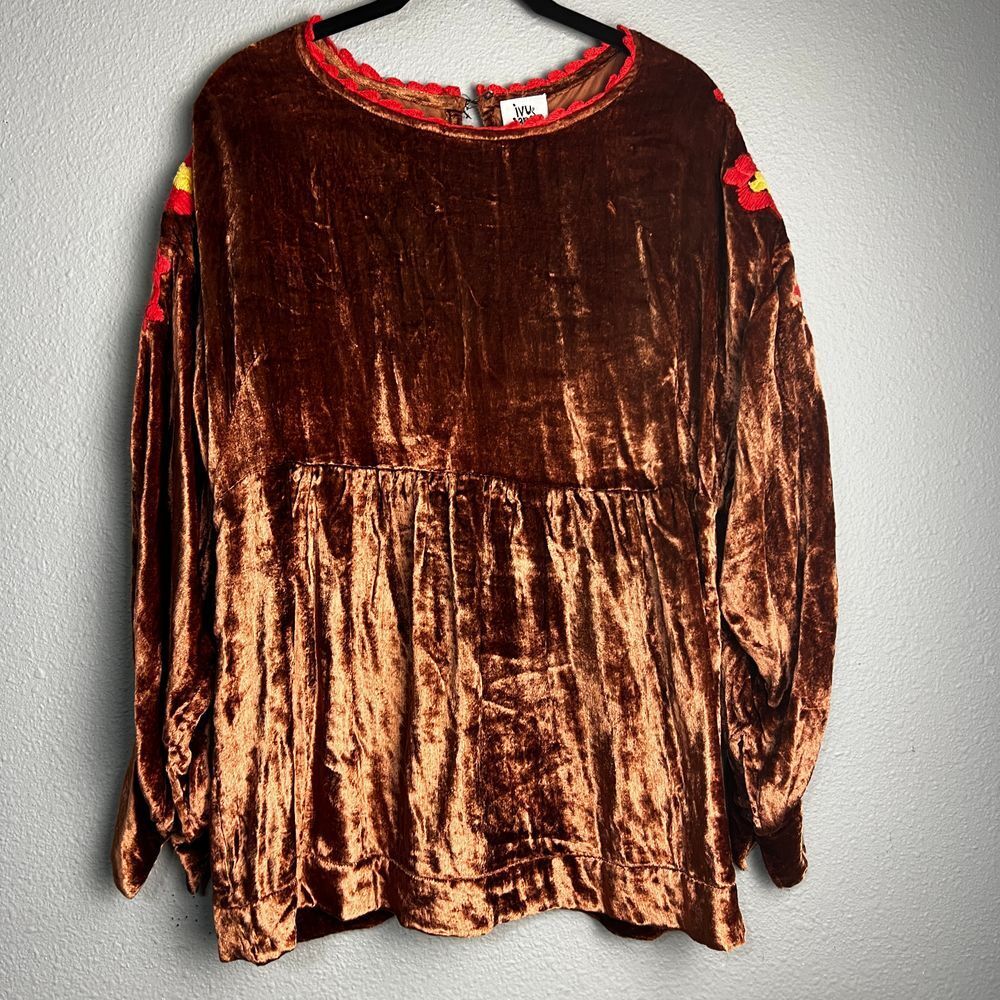 Ivy Jane Brown Velvet Embroidered Floral‎ Sleeves Boho Peasant Top Blouse Size S